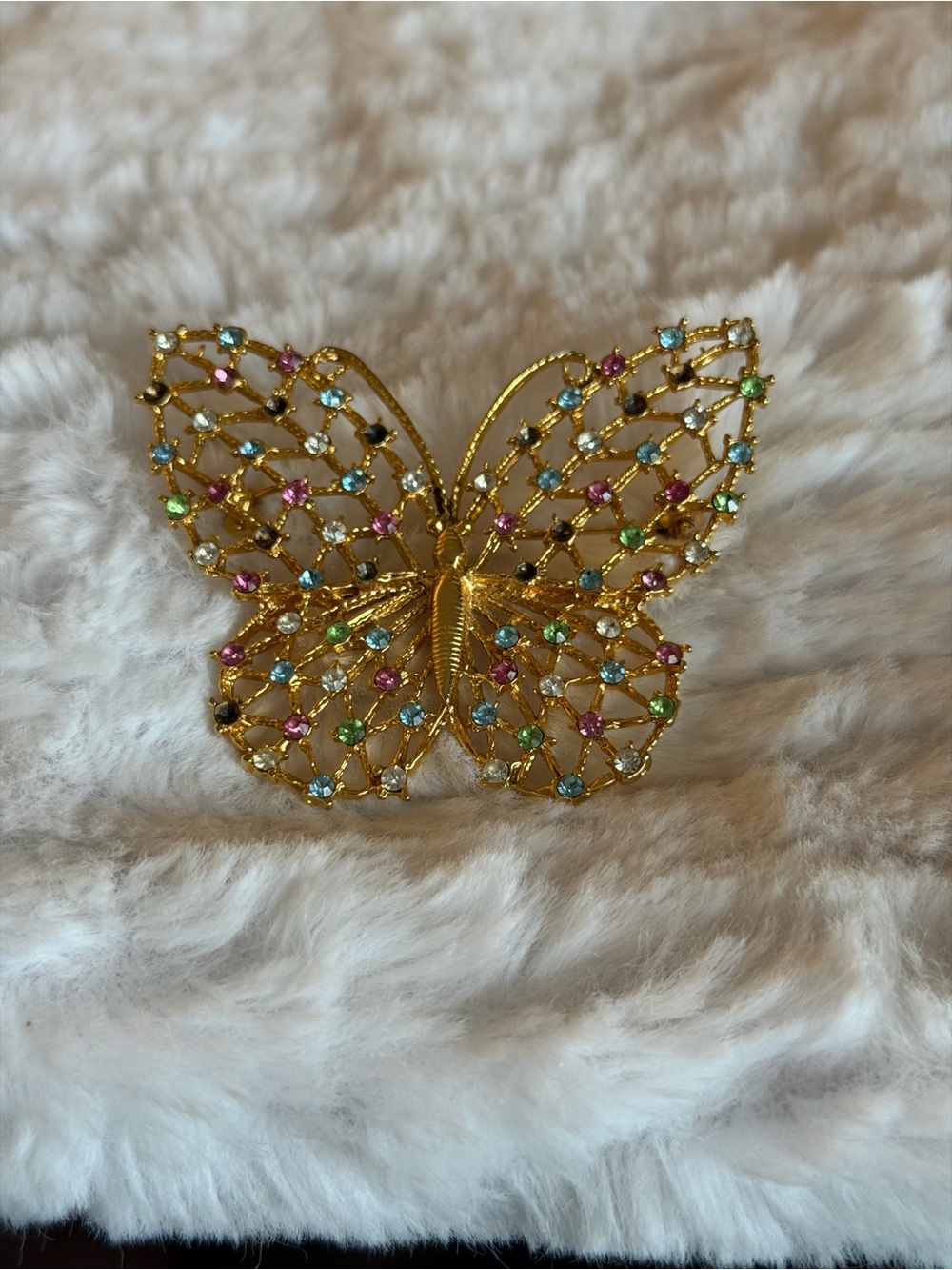 Vintage Gold Tone Butterfly Brooch Multicolor Rhinestone Filigree Estate Style